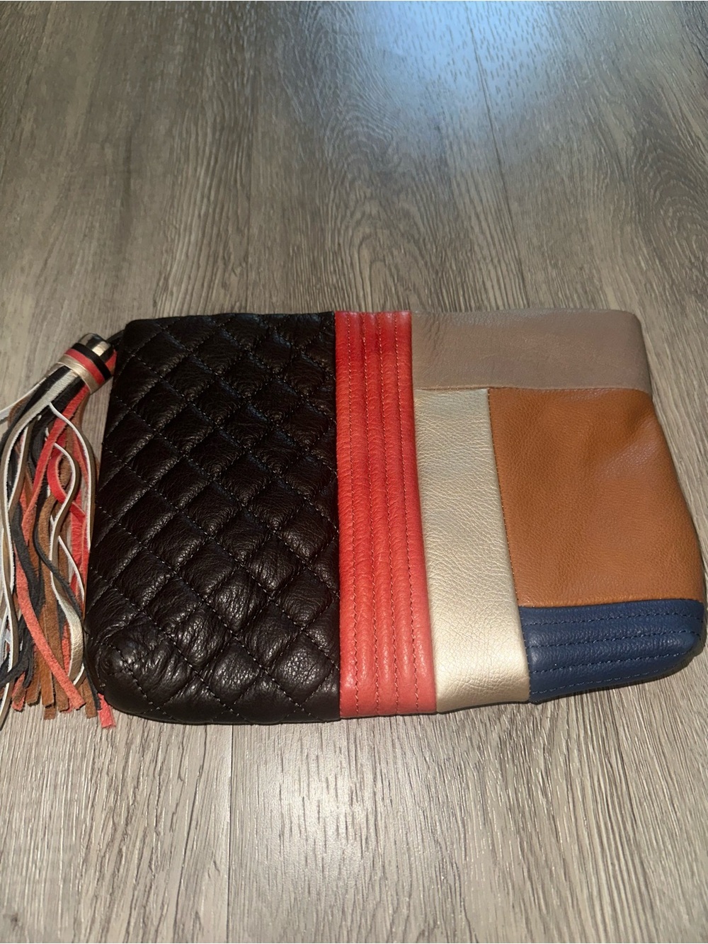 Margot Color Block Leather Tassel Zip Clutch Bag Purse approx 10x6